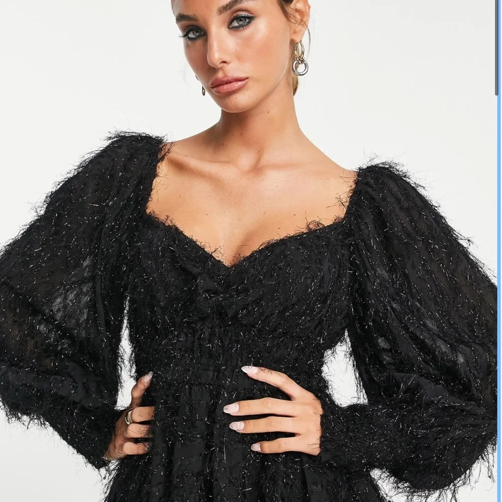 ASOS DESIGN fluffy mini dress with ruched bust and shirred cuffs in black - Picture 2 of 8